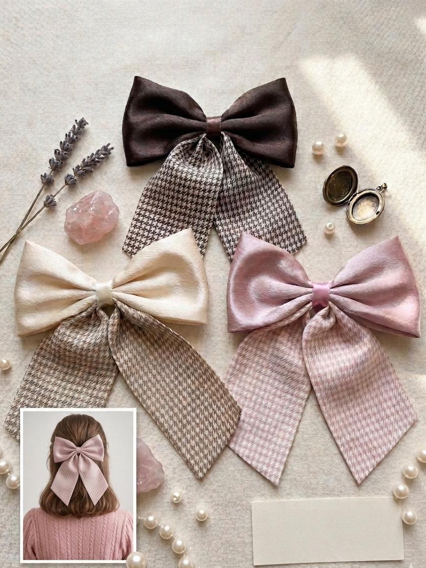 Set of 3 vintage bow hair clips in pink, beige and brown with satin and check pattern design, elegant hair accessories