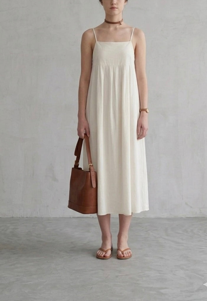 White Cotton Midi Dress Soft Flowy Everyday Wear (Calf Length)