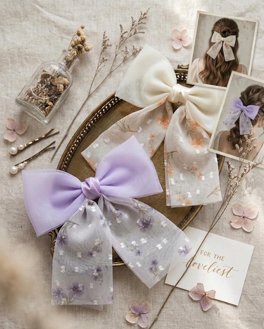 Decorative hair bows and accessories on a textured surface with flowers and cards.