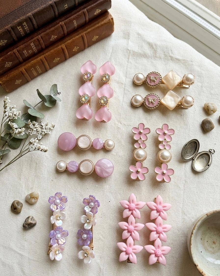 Pink hair pins set of 6 pairs with pearl style beads and gold clips on soft background