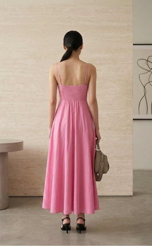 Back view rose pink strappy cotton dress clean minimal silhouette elegant fit