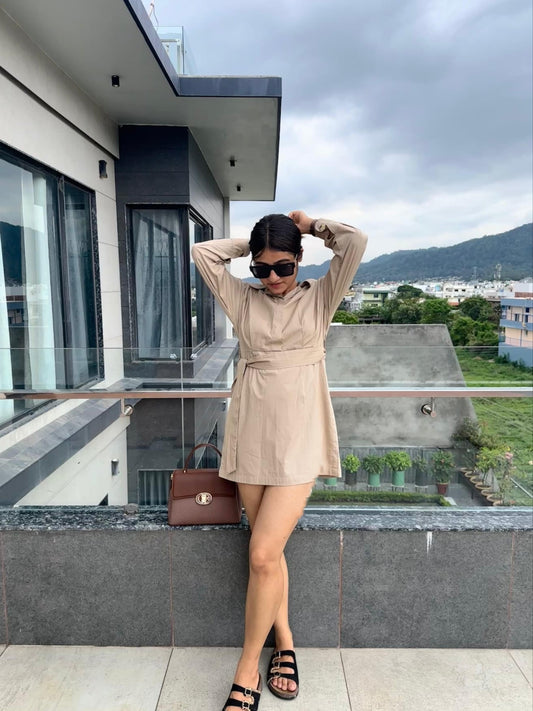 Beige Belted Shirt Dress Women Casual Office & Chic Day Dress