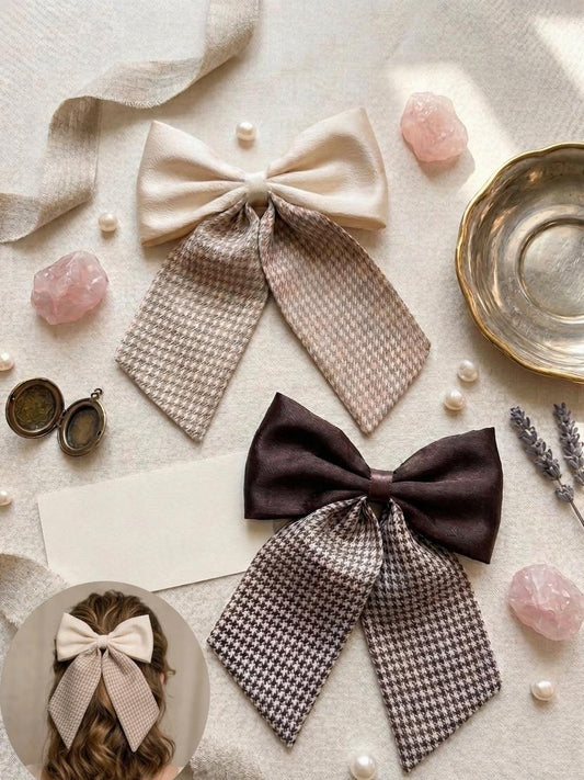 Set of 2 vintage bow hair clips in beige and brown with satin and check pattern design, elegant hair accessories