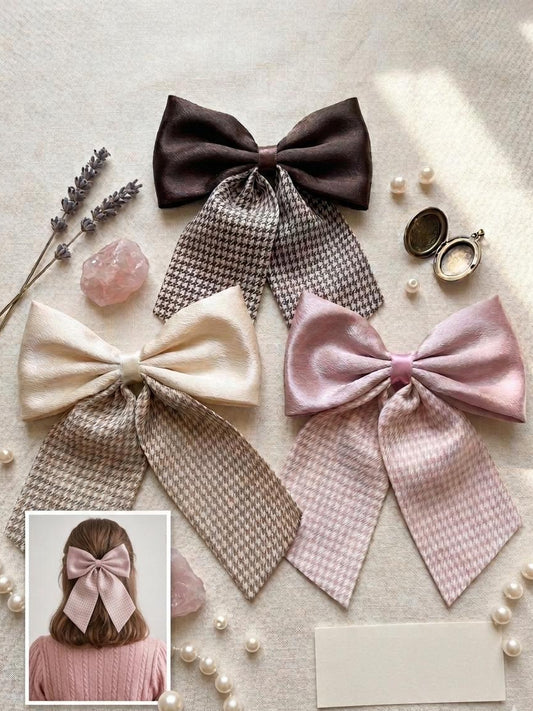 Set of 3 vintage bow hair clips in pink, beige and brown with satin and check pattern design, elegant hair accessories