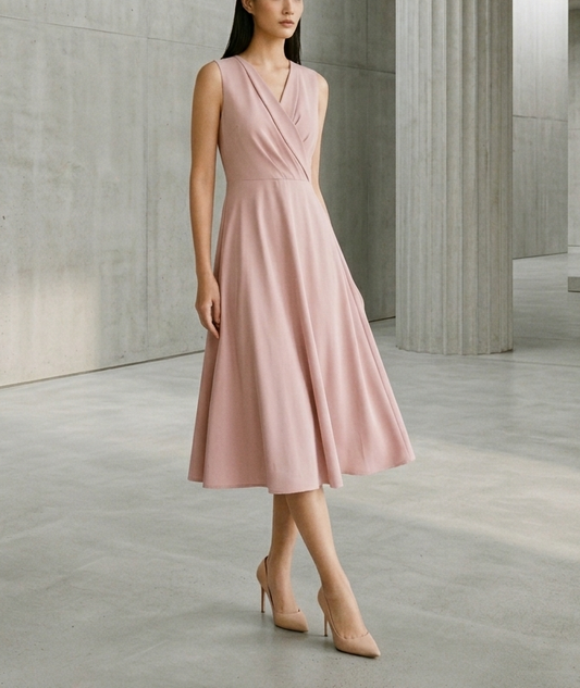 Dusty Rose Fit & Flare Midi Dress for Women – Pleated Waist Detail