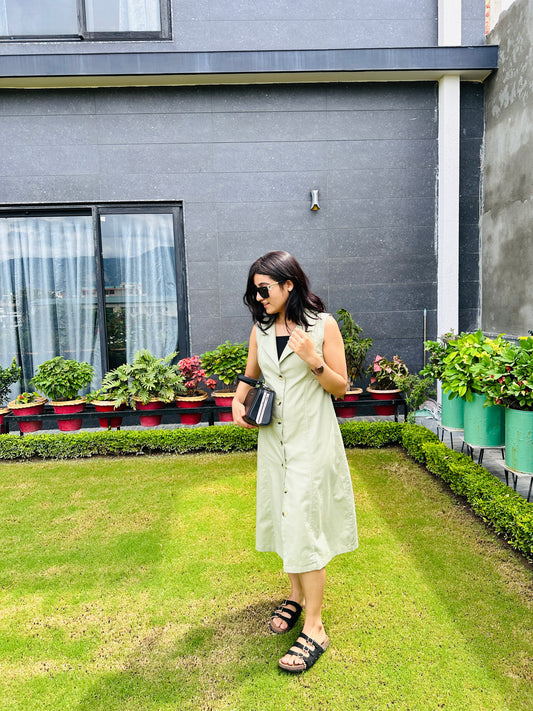 Light Olive  Sleeveless Button-Front Midi Dress