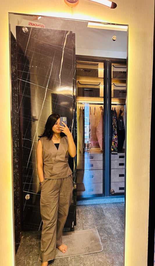 Brown Twill Co-Ord Set for Women – Sleeveless Wrap Top & Straight Pants