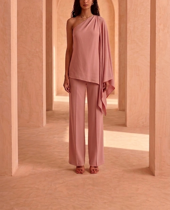 Woman in a pink outfit standing in a row of arches with warm lighting