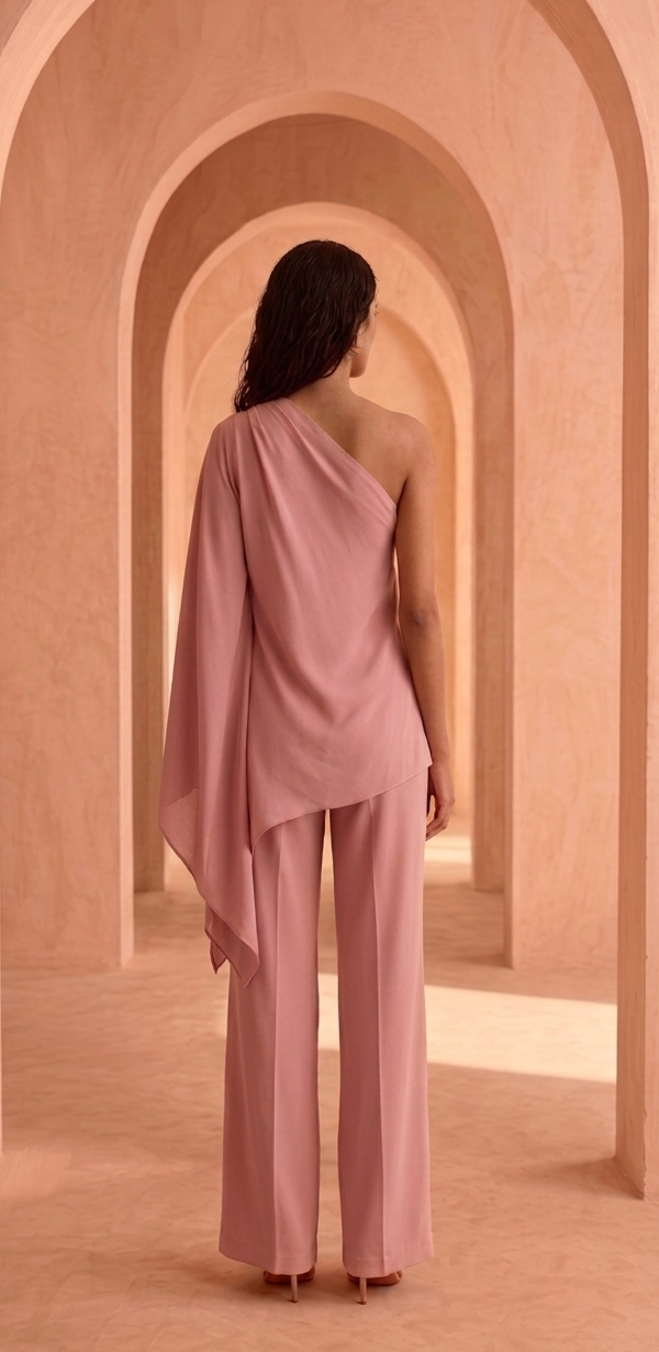 Woman in a pink outfit standing in an architectural setting with arches.