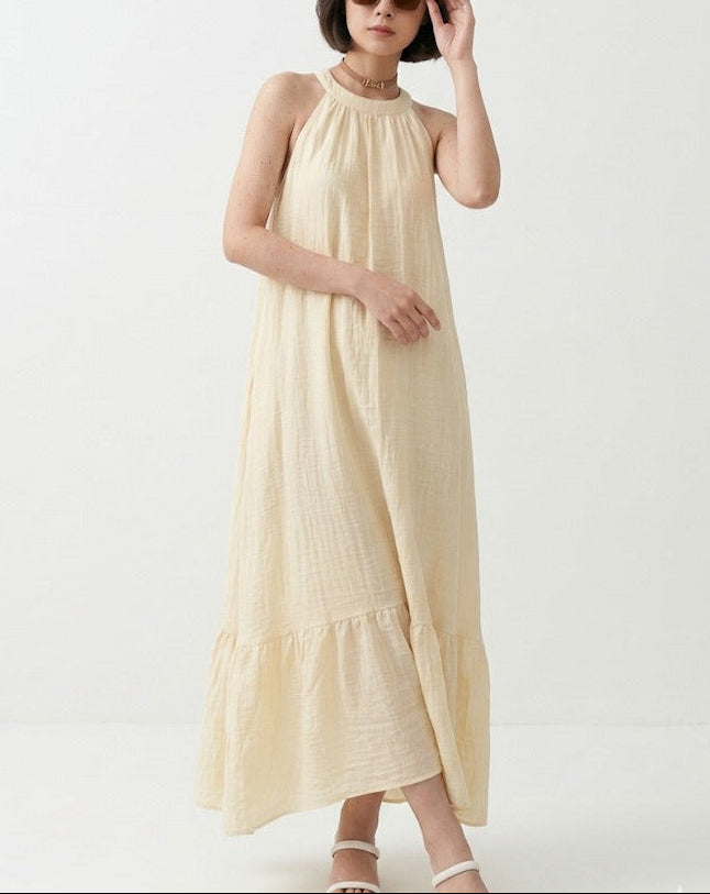 White cotton midi dress for women, calf length minimal summer outfit