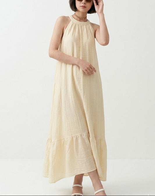 White cotton midi dress for women, calf length minimal summer outfit