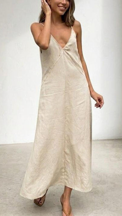Soft ivory cotton maxi dress for women with noodle straps front view