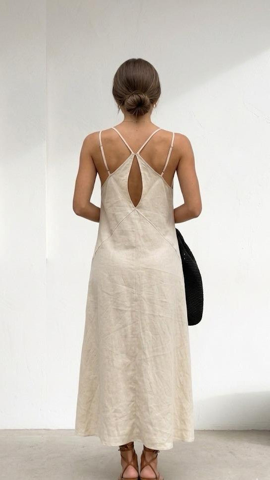 Soft ivory cotton maxi dress for women with noodle straps back view