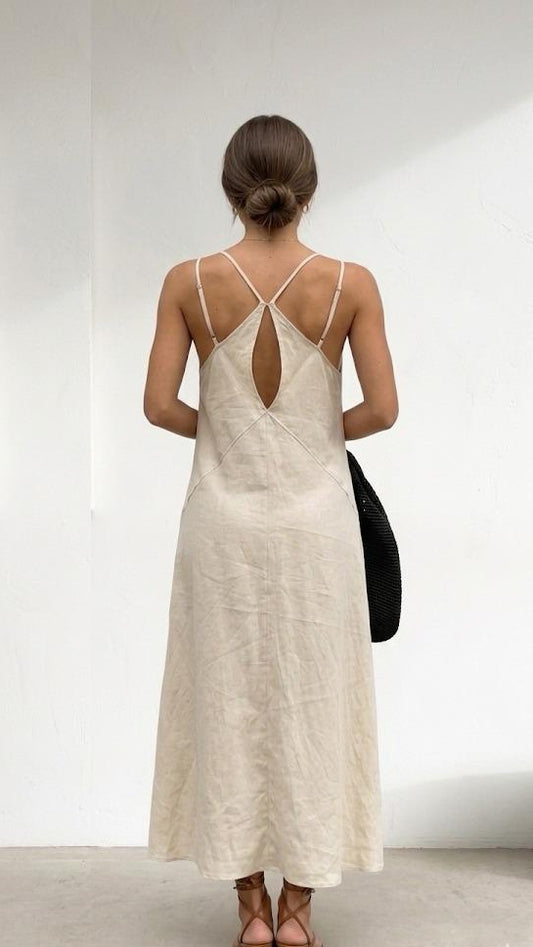 Soft ivory cotton maxi dress for women with noodle straps back view
