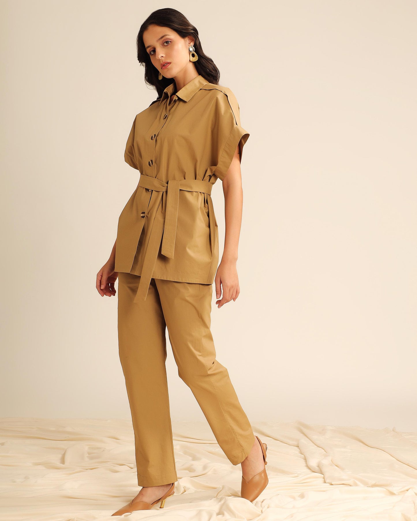 Khaki  co-ord set for women with belted shirt top and straight pants front view