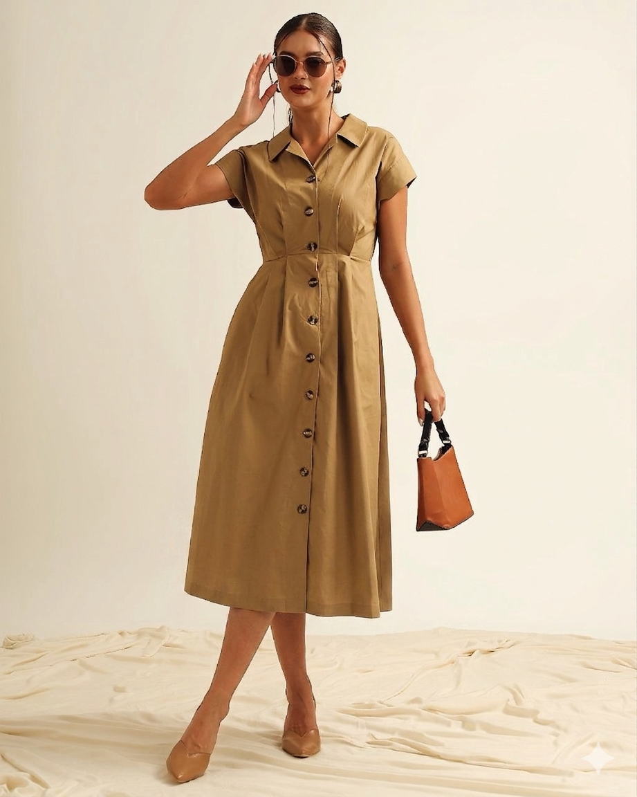 Woman wearing khaki midi dress with tailored shirt style and clean front detail