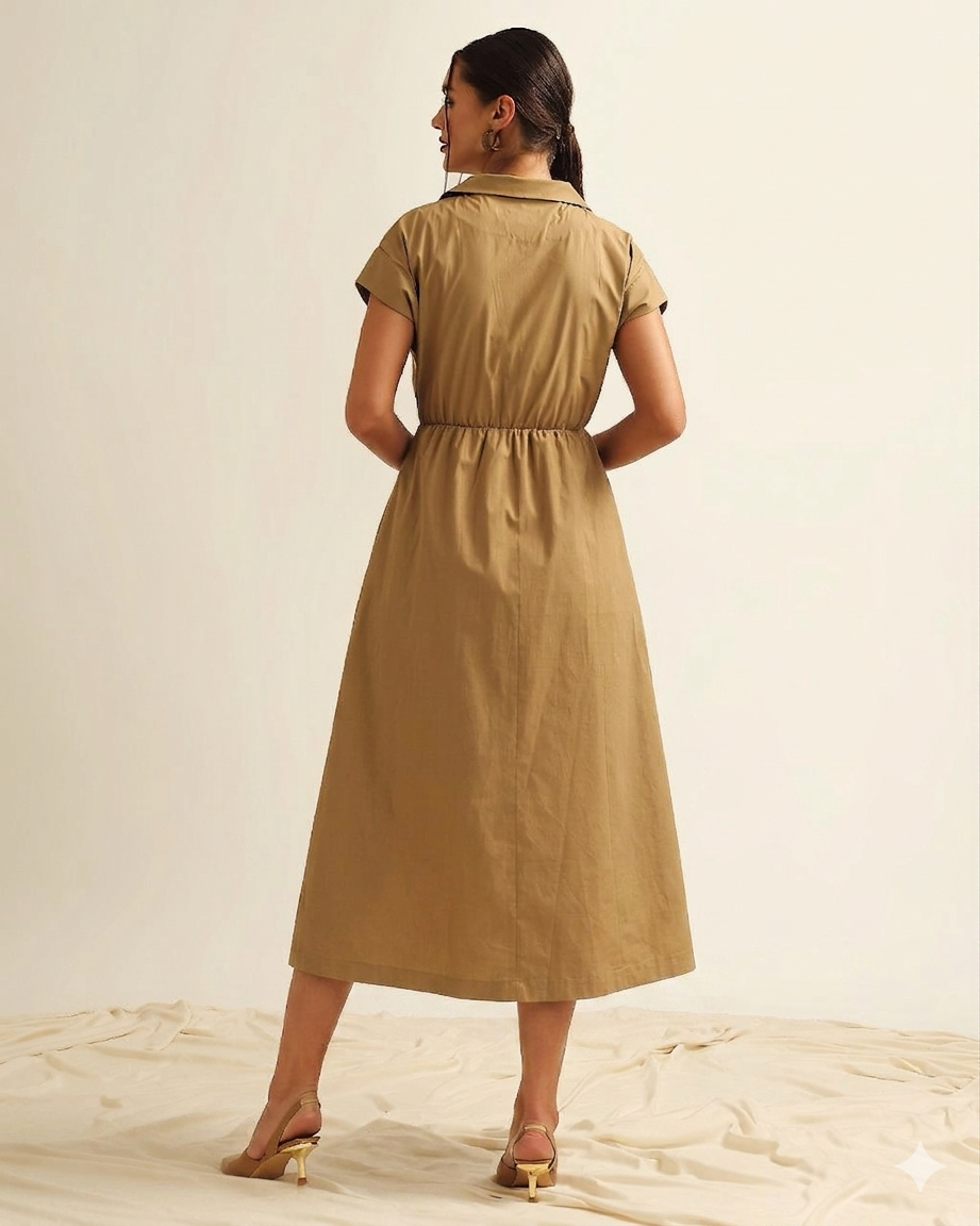Back view of khaki midi dress with tailored silhouette and flowy structure