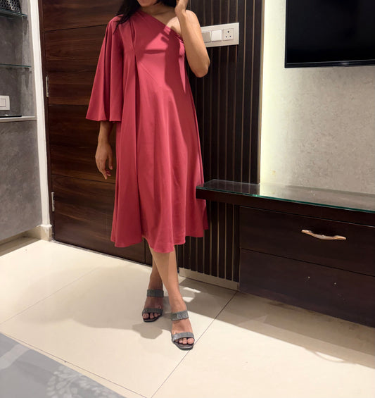 Rose Pink One Shoulder Midi Dress for Women with Draped Sleeve and Flowy Silhouette