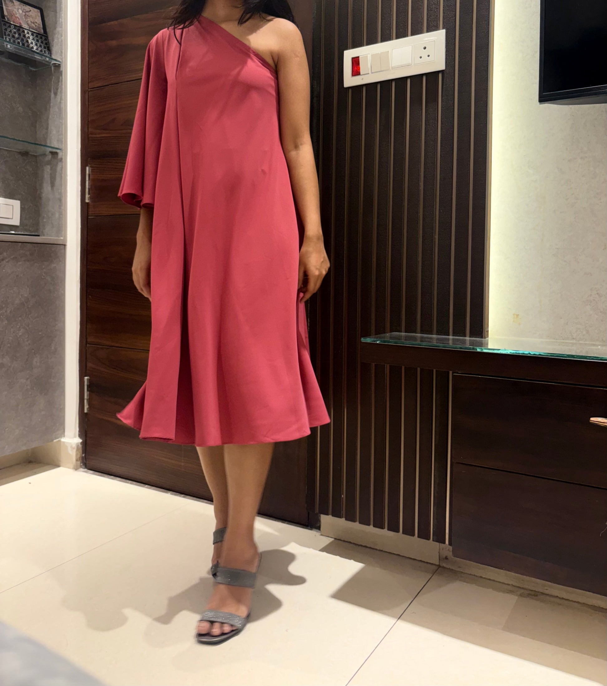 Rose Pink One Shoulder Midi Dress for Women with Draped Sleeve and Flowy Silhouette
