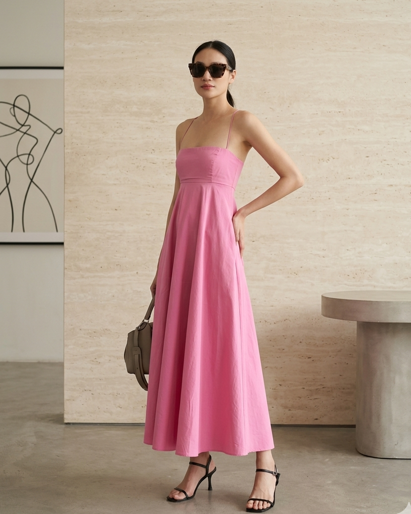 Side view rose pink cotton dress spaghetti straps showing fitted bodice and flared skirt