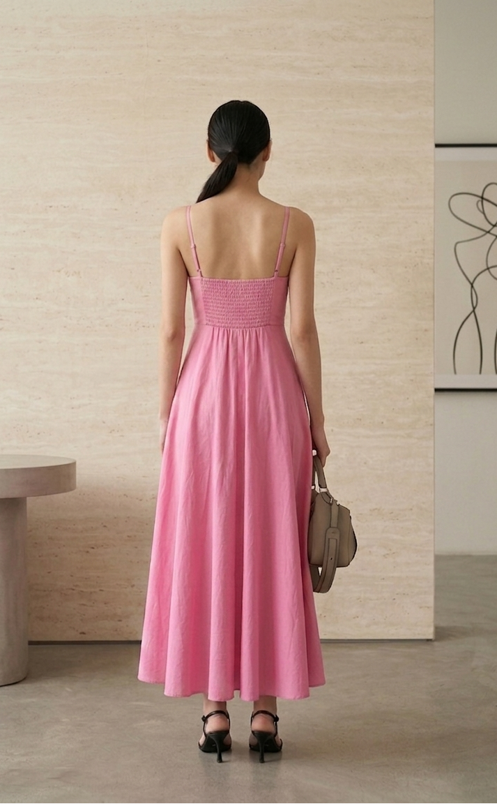Back view rose pink strappy cotton dress clean minimal silhouette elegant fit