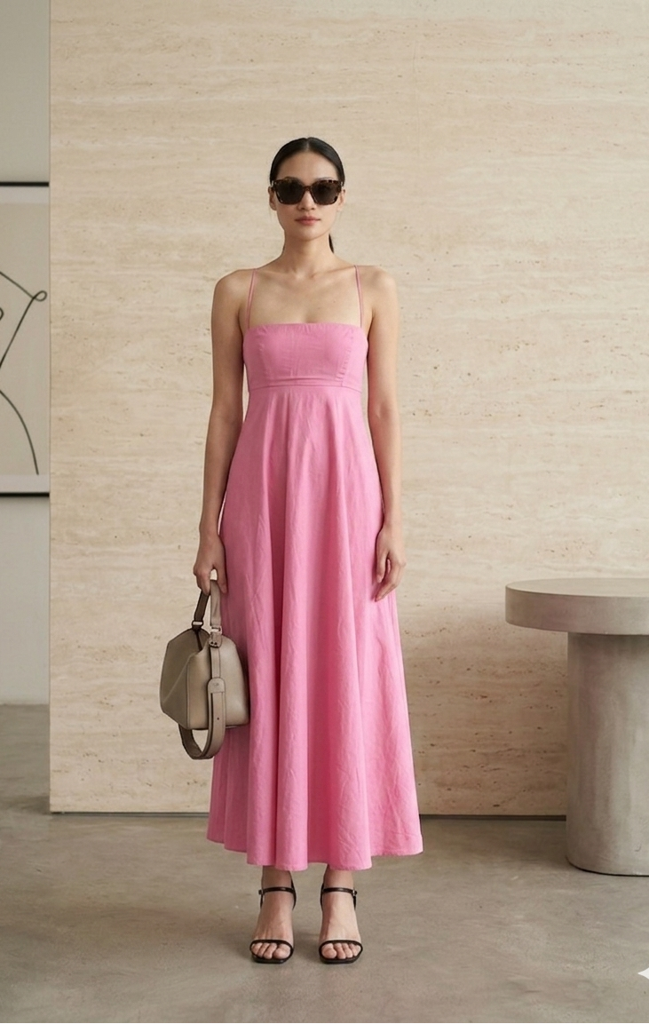 Rose pink strappy cotton midi maxi dress front view flowy silhouette minimal background
