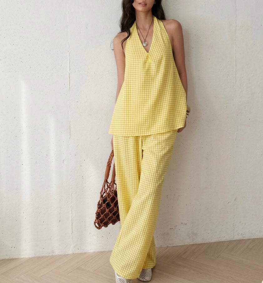 Women’s yellow gingham halter top and straight leg pants co-ord set with relaxed fit sleeveless blouse for summer